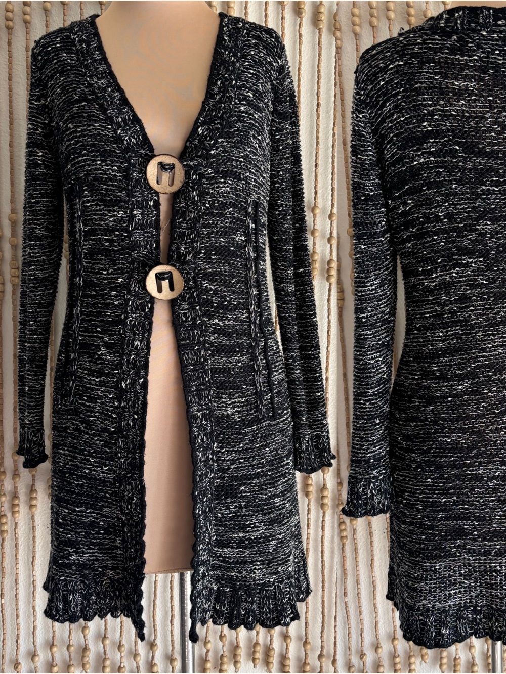BCBG MAXAZRIA Black White Y2K
Open Front Button Ruffle Hem Long Knit Sweater L